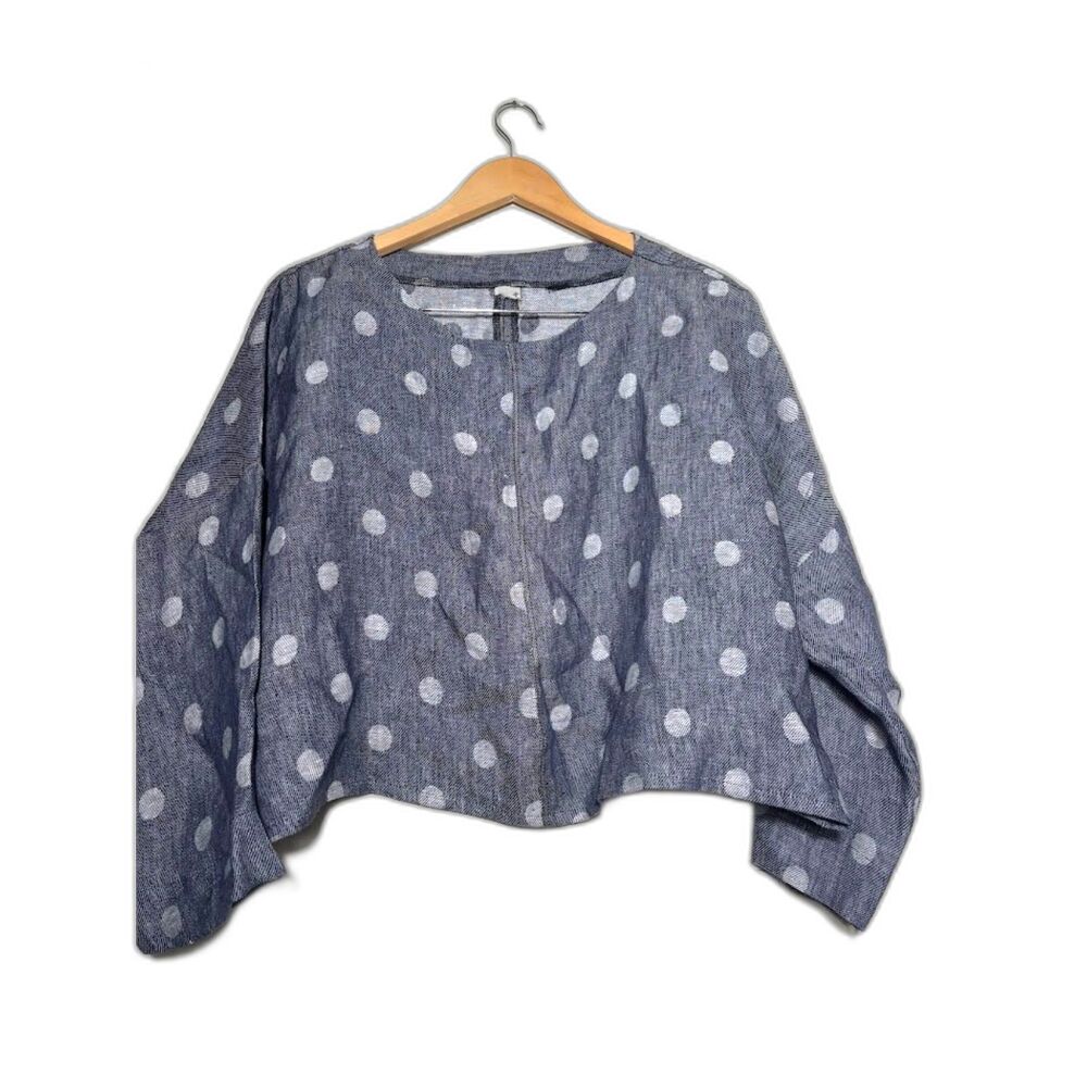 Lagenlook blouse top Women's Size M/L Blue Polka Dot Art to wear drop shoulder